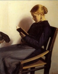 A young girl reading, by M Anchor (c. 1890)